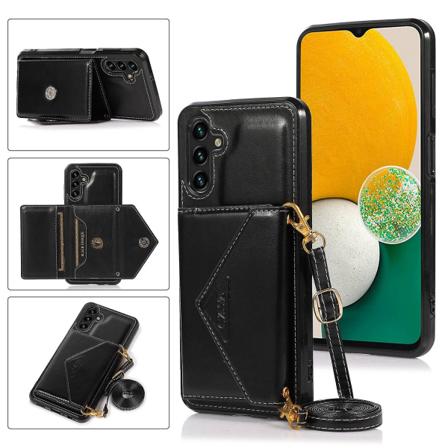 Samsung Galaxy A15 4G / 5G -kotelo korttipidikkeellä PU+TPU-kansi olkahihnalla Black