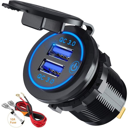 (Blå1) Hurtig opladning 3.0 USB biloplader stikkontakt adapter med switch 12V/24V 36W til marine, båd, motorcykel, lastbil