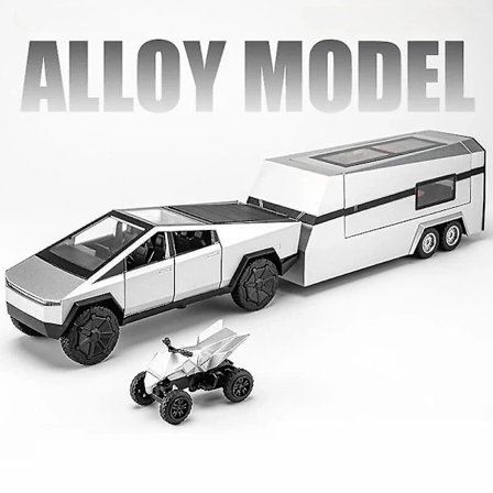 1/32 Tesla Cybertruck med turnébil RV campingvogn Diecast legetøj metal miniaturemodel træk tilbage lydlys samling gave dreng sølv