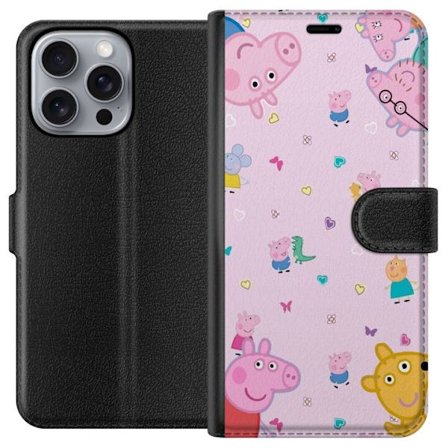 Kompatibel Tegnebogsetui til Apple iPhone 16 Pro Max Peppa Gris med en baby i armene, morgris motiv i farverig og blød børneillustration med hjerter