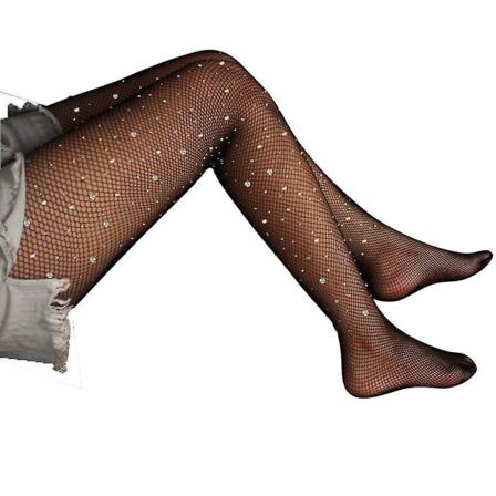 Kvinde Sexet Hullet Ud Netstrømpe Glitter Rhinestone Diamant Pyntet Slim Mesh Strømpebukser Gennemsigtig Net Strømper Fest Clubwear (FMY) Black