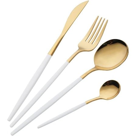 4-delt gull- og hvitt bestikksett, bestikksett med hvite håndtak, Whi