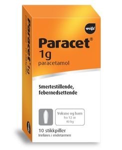 Paracet 1 g stikkpiller fra 12 år 10 stk