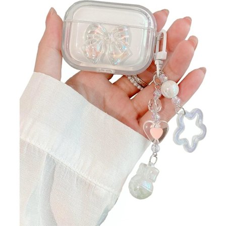 1 stk. etui til AirPods 4 med nøglering, stødabsorberende blødt gennemsigtigt sødt 3D Crysta sløjfe design cover med bling hjerteperler