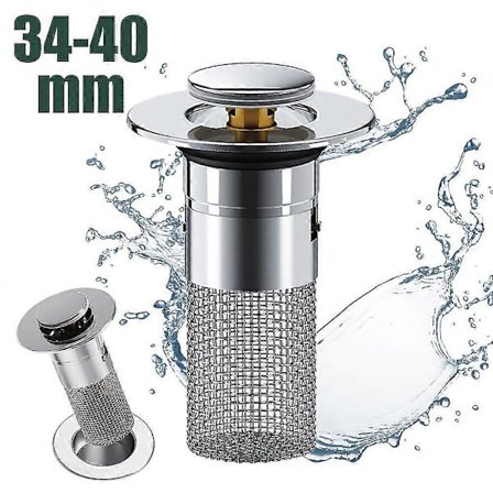 Pesualtaan tulppa hiussiivilällä, ponnahdusikkunalla varustettu pesualtaan viemärinsuodatin irrotettavalla ruostumattomasta teräksestä valmistetulla 