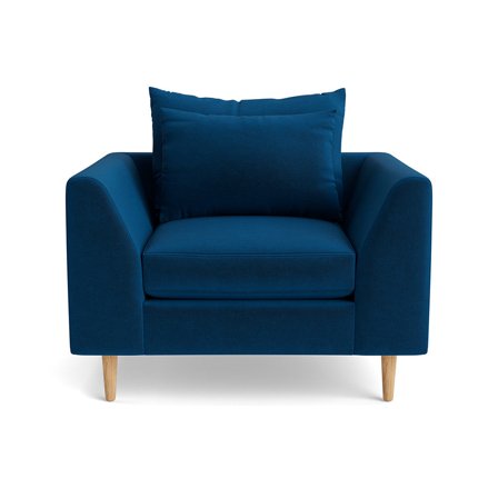 Ofelia Sessel in Riviera Königsblau, moderner Polstersessel für hohen Sitzkomfort, skandinavischer Stil, einfarbiges Design, Breite 85cm.