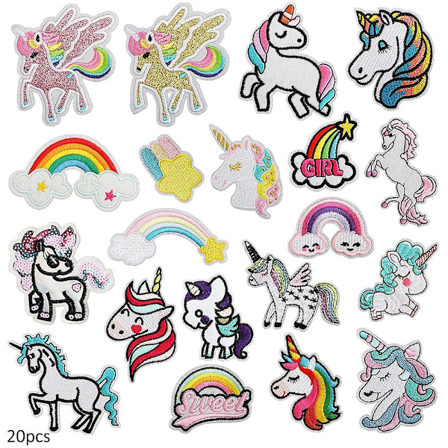 20 kpl Piirretty Yksisarvinen Sarja Kirjonta Laastareita, Ommeltava Tai Silitys Laastari Applique Vaatteille, Mekolle, Hatulle, Farkuille, Laukulle, 