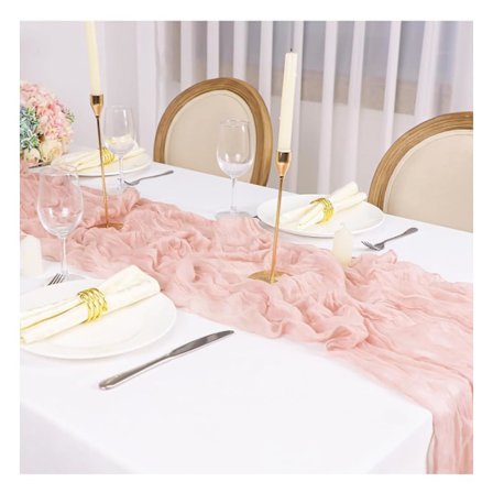 Pink Bordløber 90 x 300 cm Boho Krøllet Stof Chiffon Bomuldsgaze Rustik Køkkenbordløber