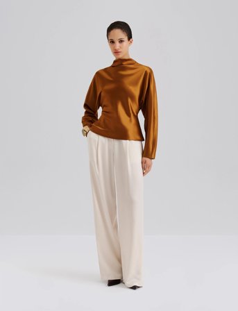 Malina Zora Barrel Sleeve Satin Blouse - Brown - 44
