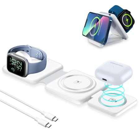 3-i-1 hopfällbar trådlös laddare, magnetiskt kompatibel med iPhone 14/13/12/SE/11/XS/8, Apple Watch och AirPods (vit)