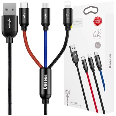 Baseus tre primærfarger 3-i-1 USB-A - mikro-USB / Lightning / USB-C 3,5A-kabel 0,3 m - svart