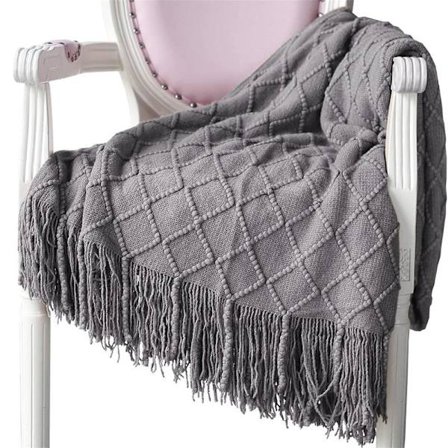 Blød strikket uldplaid med kvaster, hyggeplaid, sofaplaid, soveplaid, lysegrå 150 x 200 cm