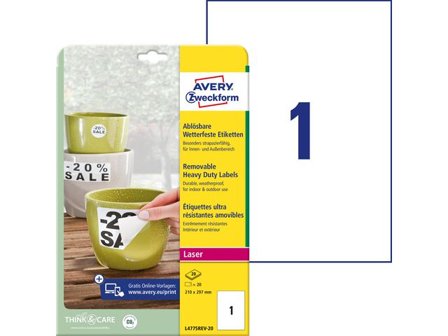 AVERY Etikett slitstark 210x297mm 20/fp - Lyreco - Emballage och lagerutrustning - Etiketter och godsmärkning - Vattenfasta etiketter