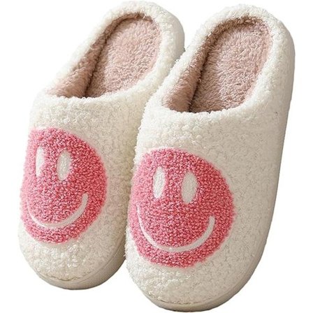 Bløde fleece hjemmesko – unisex, smiley ansigt - grå - størrelse 40-41 - et par