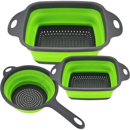 3 stk. Sammenklappelige Dørslagssæt, Silikonesier, Vask til Dræning af Grøntsagsdørslag Dræningskurve, Grøn