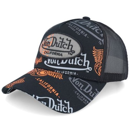 Von Dutch - Svart trucker Keps - All-over Print Embroidered Badge A-Frame Trucker @ Hatstore