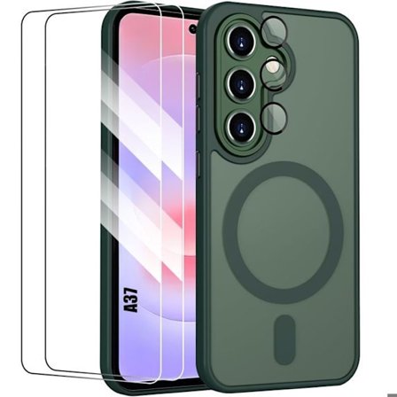 Cover til Samsung Galaxy A37 5G, med magnetisk cirkel kamera glas - Natgrøn - 2 hærdede glas
