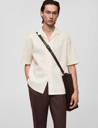 Mango Seersucker Shirt With Bowling Collar - Beige - S