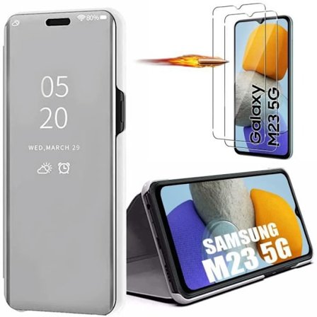 Fodral till Samsung Galaxy M23 5G med 2 härdade glasögon Skyddsspegeleffekt Smart Fodral Silver