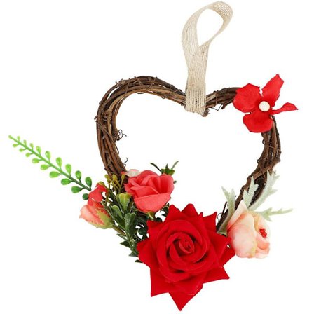 Tekokukkaovikranssi vihreillä lehdillä, ovikoriste, hääseinäkoriste, punainen