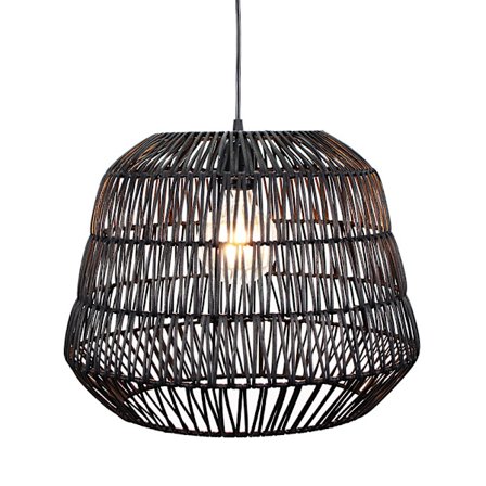 Pendellampe i sort metal og rattan, 40x40x32 cm
