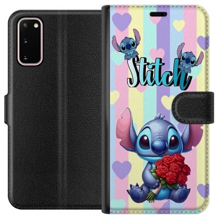 Kompatibel Tegnebogsetui til Samsung Galaxy S20 Romantisk illustration af Stitch der holder røde roser mod stribet baggrund