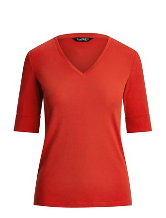 Stretch Cotton Elbow-Sleeve V-Neck Tee Red Lauren Ralph Lauren