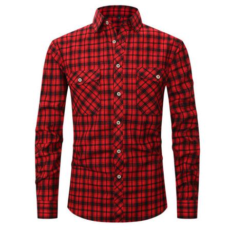 Herr Pläd Med Fickor Button Down Toppar Lapel Neck Tunika Skjorta