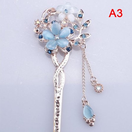 Cat Eye Stone Hair Pin Double Flower Rhinestone Hair Stick Hair
