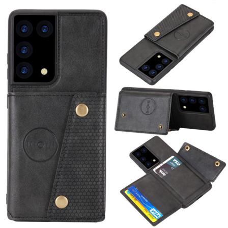 Samsung Galaxy S21 Ultra - Läder Skal Med Kortfack Och Magnet - Black Svart