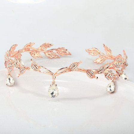 Rhinestone Leaf Bryllup Tiara Hodebånd for Bruder, Rose Gold Crown Hea