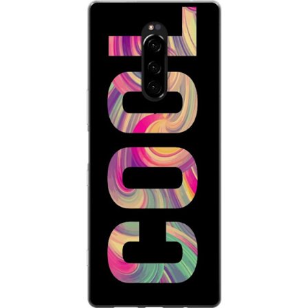 Kompatibelt Mobildeksel til Sony Sony Xperia 1 Modern typografisk kunst med ordet LOVE i flytende regnbuefarger mot svart bakgrunn med sterk visuell e