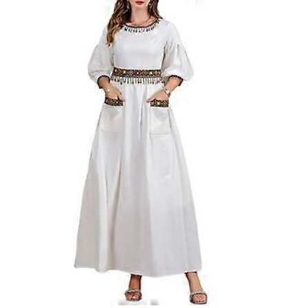 Islamsk Kaftan Kjole for Kvinner, Full Lengde Midtøsten Kappe Perler Dusker Broderte Islamske Hverdags Kjole Hvit XL(XL )