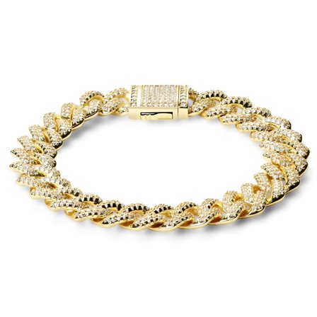 Nicos | Bracelet à maille cubaine carrée couleur or serti de zircones - 12 mm pour hommes - Bracelets chaînes