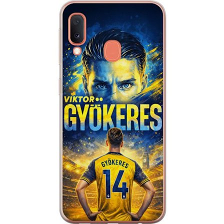 Kompatibelt Mobildeksel til Samsung Samsung Galaxy A20e Viktor Gyökeres fotballplakat i gult og blått med dramatisk stadionbakgrunn, sportillustrasj