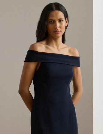 Lauren Ralph Lauren Crepe Off-The-Shoulder Gown - Navy - 40