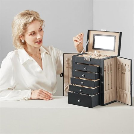 Smykkeskrin med 6 nivåer og speil - Svart
