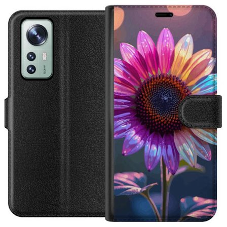 Kompatibelt Lommeboketui til Xiaomi 12 Irideserende blomst med glitrende kronblad i rosa lilla og gull mot myk bokeh bakgrunn