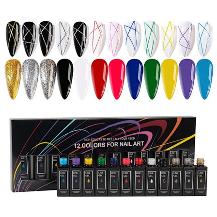 12 Färger Fransk Nagel Linje Polish Gel Kit Konst för UV Målning och Ritning Akryl Naglar Lim Rita Liner Geler