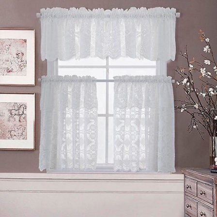 3-delt hvidt køkkenvinduesgardinsæt inkluderer 2 gardiner á 91 cm og køkkenkappe. Kaffekøkkengardinsæt til kaffedekoration eller kaffekøkken