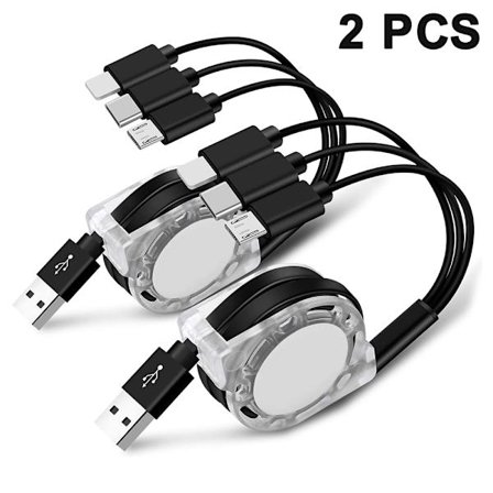 2 stk. for Apple/Android/Type-c Ladekabel 3 i 1 Uttrekkbart Datakabel Mobiltelefon Uttrekkbart Ladekabel, Svart