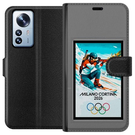 Yhteensopiva Lompakkokotelo Xiaomi 12 Pro Retrojuliste Cortina Milano 2026 vuorilla, talviurheilijoilla, italiankoloreilla, Milanon tuomiokirkolla ja