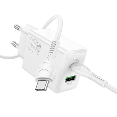 Hoco Snabbladdare PD 30W USB-A USB-C QC3.0 AFC 3A med USB-C Kabel N71 - Vit