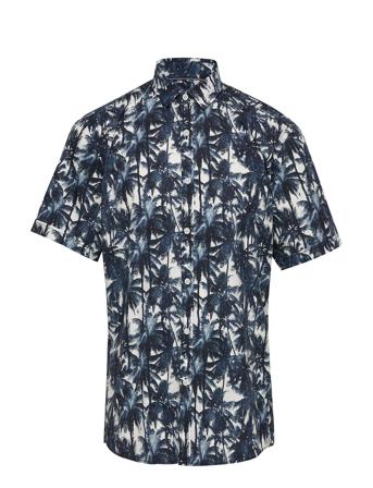 Aop Palm Leaves Shirt S/S Blue Lindbergh