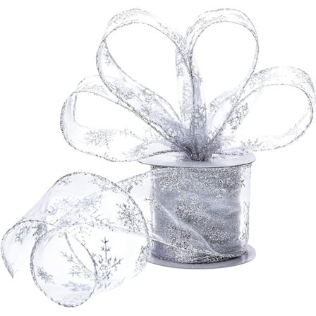 2-pack 6,3 cm 11 meter organza band snöflinga trådbunden genomskinlig glitterband