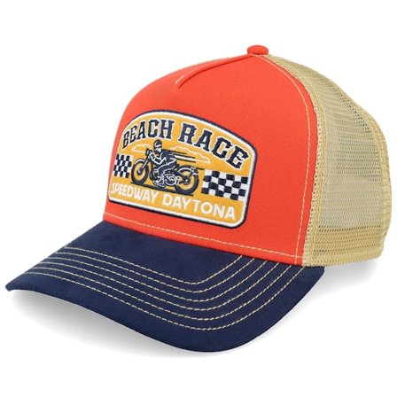 JJ Hats - Beach Race Red/Stone/Navy A-frame Trucker Trucker Red Cap - @ Hatstore
