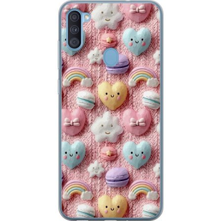 Yhteensopiva Puhelinkuori Samsung Galaxy A11 Pastellimotiiivi sydämillä, pilvillä, sateenkaarilla ja makaronseilla vaaleanpunaisella taustalla suloise