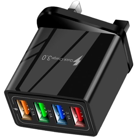 USB Lader UK, QC 3.0 3.1A Hurtiglading, 4-Port USB Vegglader, Strømadapter med Smart Enhetstilpasning