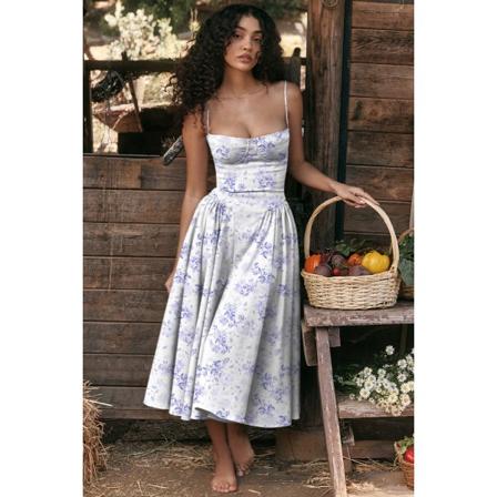 Ny fransk vintage lång klänning palats stil rem klänning flicka blue flower L
