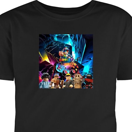Barn T-skjorte Roblox neonverden med futuristiske landskap, spillkontrollere og populære karakterer - perfekt for spillfans.